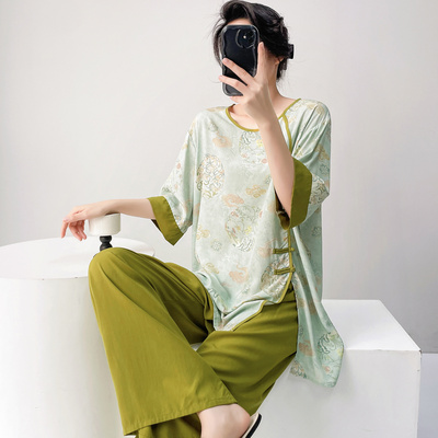 夏季新中式国风复古棉绸中袖薄款睡衣女套装可外穿家居服两件套装