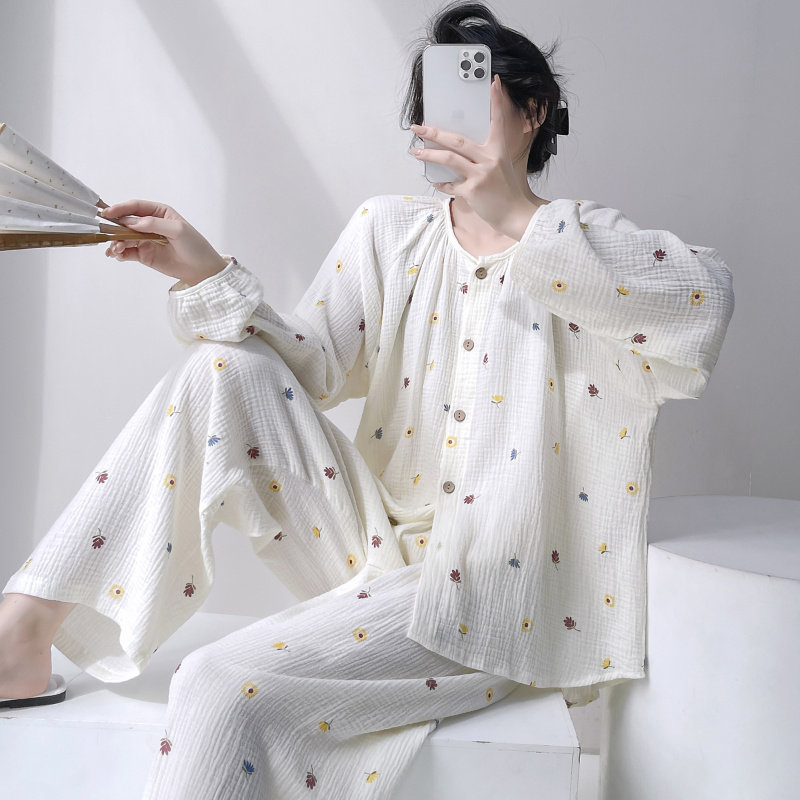 长裤夏季睡衣薄款纯棉纱布家居服