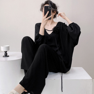 2025新款春夏季薄款棉绸睡衣女纯色长袖长裤套装凉快空调服家居服