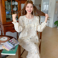 秋季睡衣女长袖长裤圆领小熊棉纱睡衣甜美春秋新款纯棉家居服套装