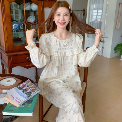 秋季睡衣女长袖长裤圆领小熊棉纱睡衣甜美春秋新款纯棉家居服套装