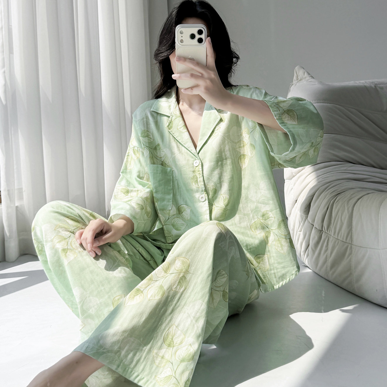 春秋季棉纱睡衣女士八分袖印花翻领开衫双层纱家居服套装国风复古