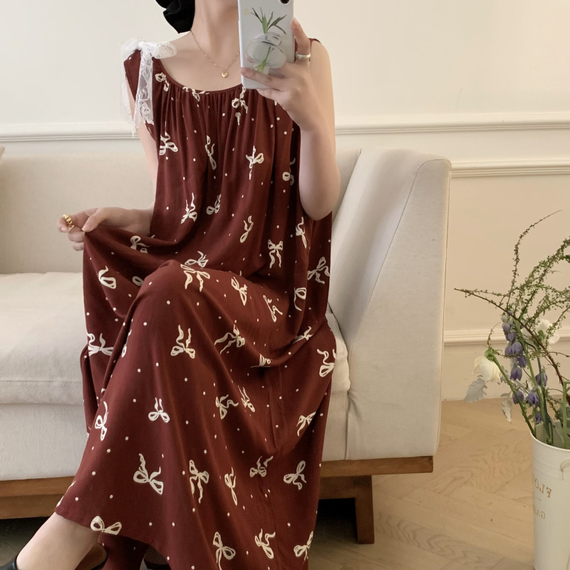 可外穿大码睡裙女春夏季棉绸无袖甜美蝴蝶结绵绸红色200斤连衣裙