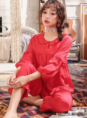 春夏季天丝棉结婚睡衣女本命年大红色家居服开衫少女生两件套装
