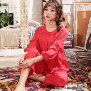 春夏季 天丝棉结婚睡衣女本命年大红色家居服开衫 少女生两件套装
