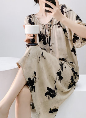 古典连衣裙棉绸夏季女士睡裙短袖中长款复古新中式家居服可外穿裙