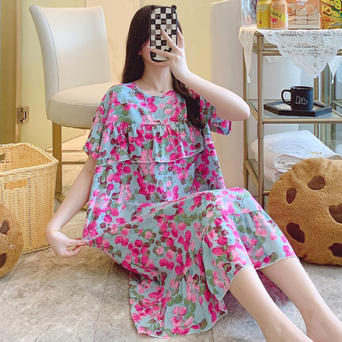 夏季绵绸女睡裙薄款防凸点纯棉绸薄款睡衣宽松家居服连衣裙子睡衣