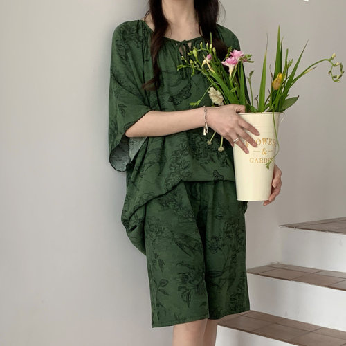 带内衬防凸点睡衣女国风复古春夏季薄款短袖短裤大码家居服两件套