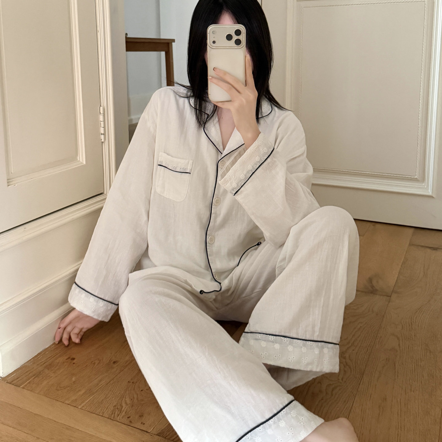 春秋季A类纯棉双层纱女士长袖开衫带胸垫睡衣简约纯色家居服套装