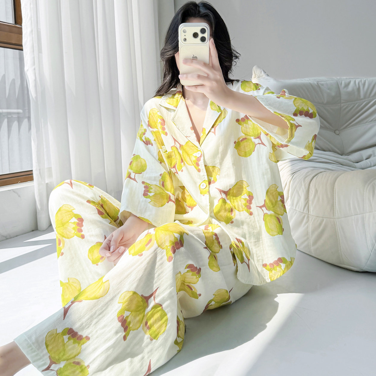 国风春秋季八分袖开衫女宽松纯棉睡衣印花纯棉纱可外穿家居服套装