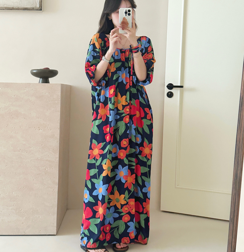 带口袋系绳加长加大棉绸连衣裙女纯棉绸宽松度假复古慵懒外穿长裙