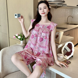 薄款 无袖 女夏季 短裤 碎花甜美家居服两件套宽松可外穿 棉绸睡衣套装
