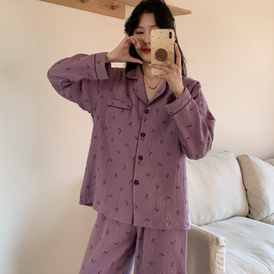 樱桃睡衣女春秋季长袖开衫甜美休闲翻领套装双层棉纱家居服可外穿