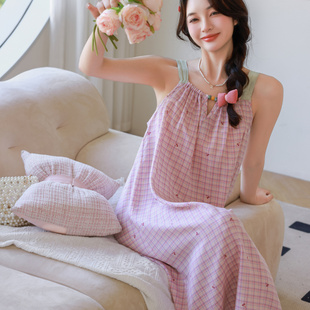 民族风连衣裙女夏薄款凉快棉绸无袖吊带中长款睡裙格子碎花学生裙