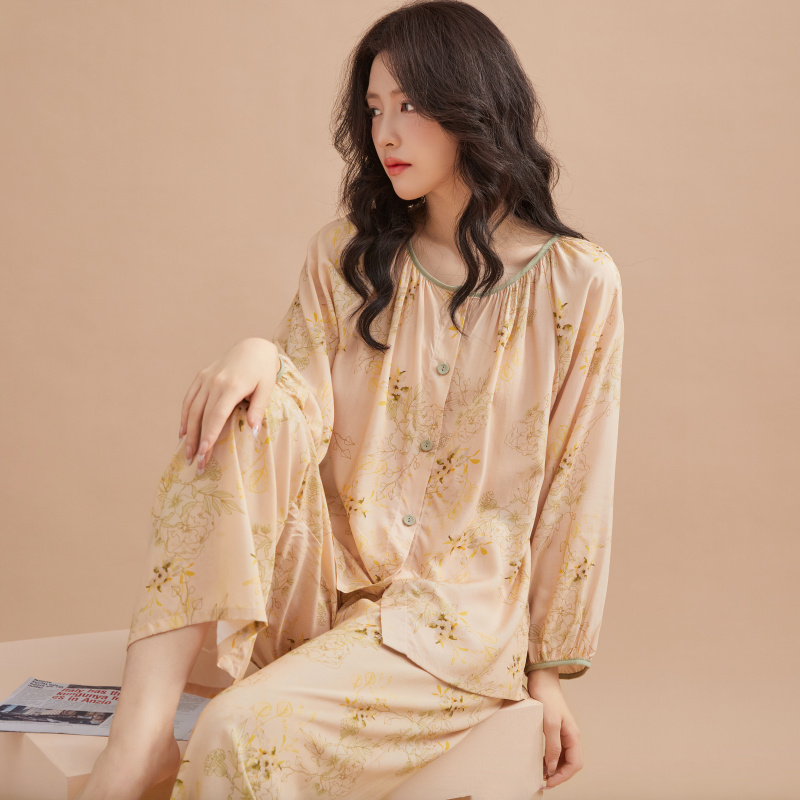 春秋季九分袖长裤棉绸开衫套装