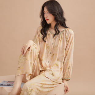 九分袖 家居服套装 棉绸开衫 国风印花新中式 可外穿 套装 睡衣女春秋季