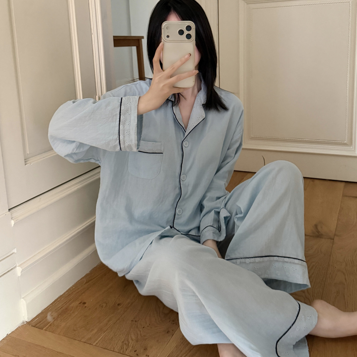 带胸垫睡衣套装女长袖对襟翻领时尚可外穿双层纱纯棉A类家居服秋