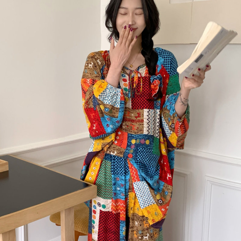 2025新款民族国风长袖棉稠睡衣女薄款宽松大码薄款家居服两件套装