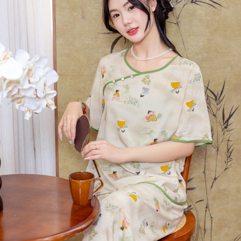 新中式中国风棉绸睡衣女春秋款夏仕女图2025新款高级感家居服套装