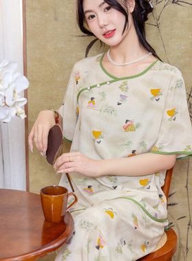 新中式中国风棉绸睡衣女春秋款夏仕女图2025新款高级感家居服套装