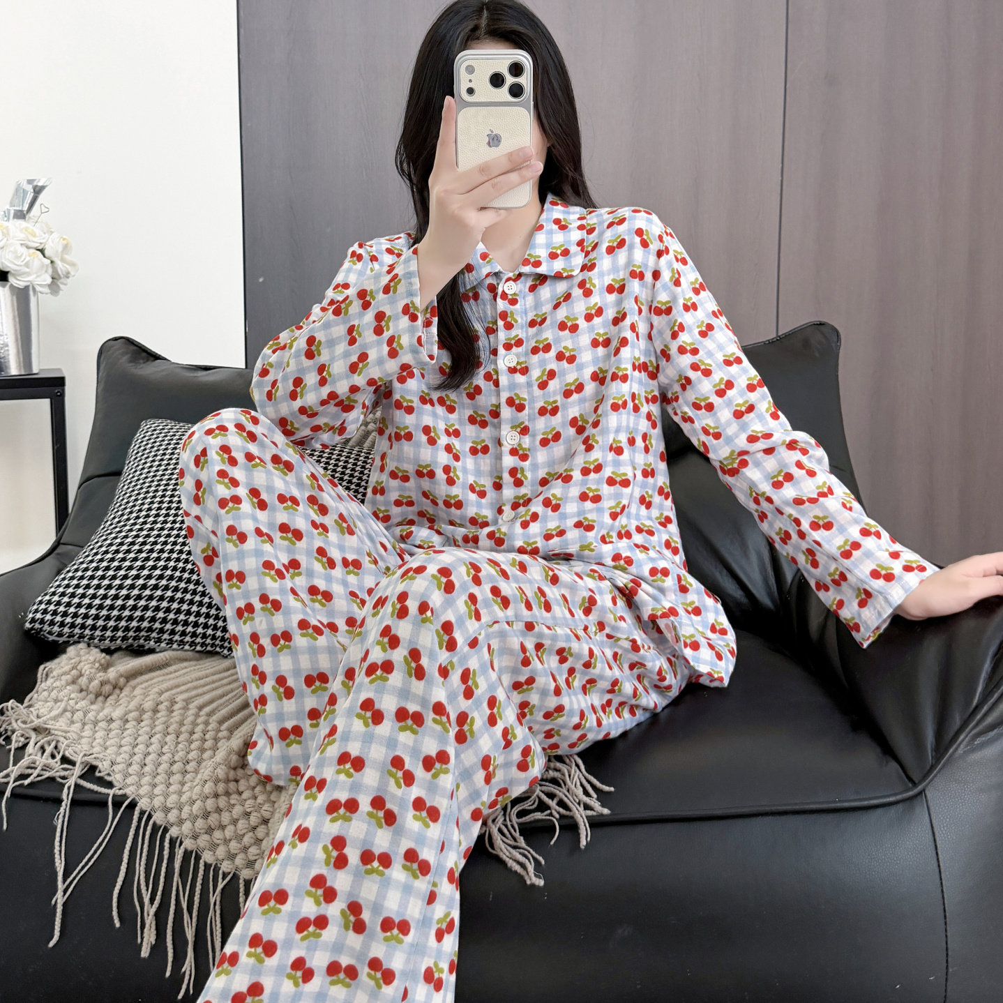 春秋季女士长袖翻领开衫纯棉双层纱布睡衣套装长袖长裤家居服套装