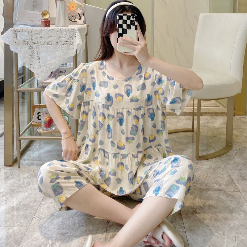 睡衣女夏天棉绸卡通韩版两件套装大码短袖人造棉七分裤家居服薄款