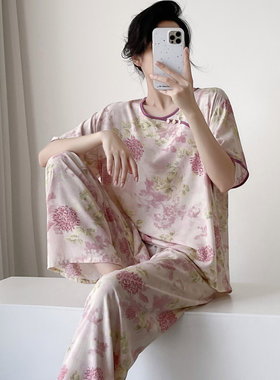 国风夏季女士分体式印花睡衣套装棉绸短袖九分裤新中式外穿家居服