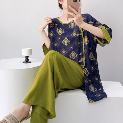 新中式棉绸睡衣女夏薄款中袖九分裤宽松唐装撞色可外穿家居服套装
