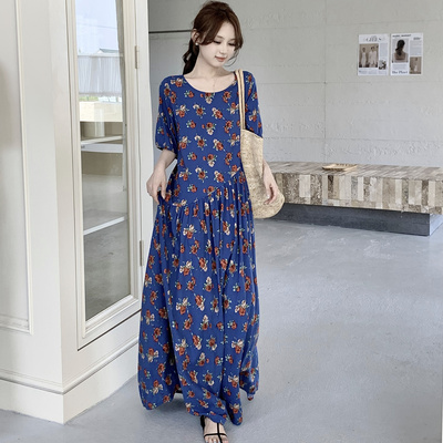 睡裙夏季女棉绸小碎花加长款睡衣夏天外穿人造棉连衣裙绵绸家居服