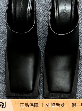 意大利购新Balenciaga巴黎世家黑皮大方头女包头高跟半拖鞋穆勒鞋