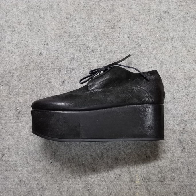 德国采购Marsell黑软面皮加厚平底松糕底女圆头系带单皮鞋德比鞋