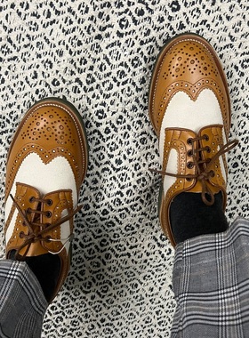 德国采购新品Trickers男布洛克雕花拼色圆头低帮厚底德比鞋牛津鞋