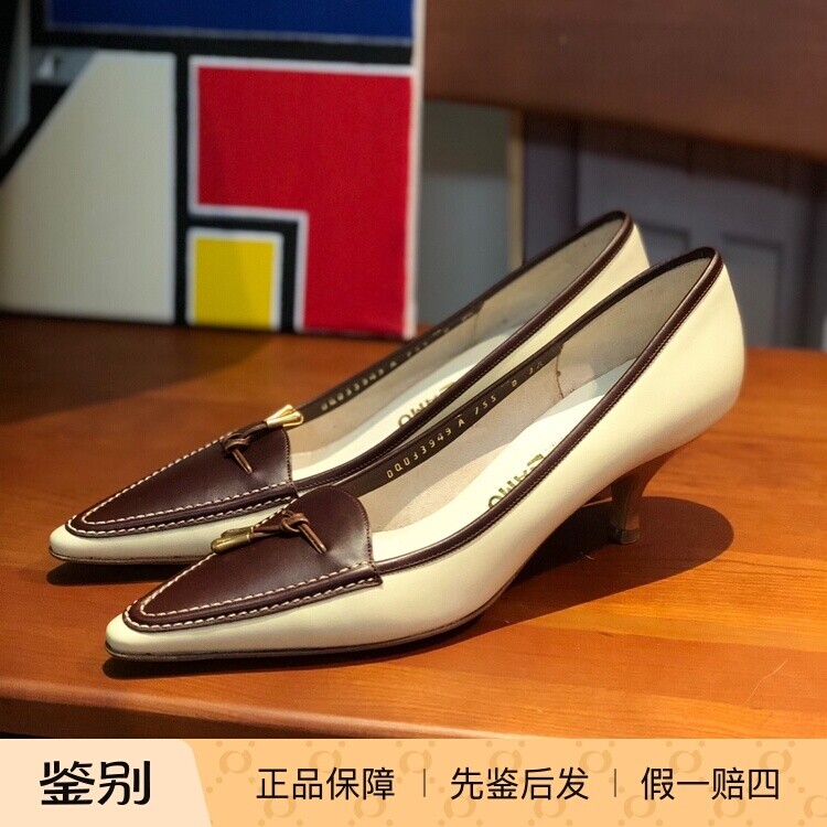 美国采购Ferragamo菲拉格慕博物馆系列复古拼色尖头小猫跟高跟鞋