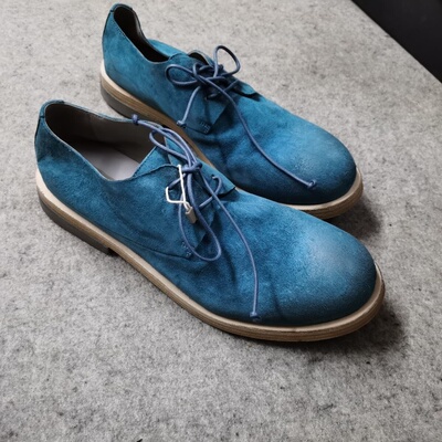 德国采购Marsell蓝色磨砂皮做旧复古平底中性大圆头单皮鞋德比鞋
