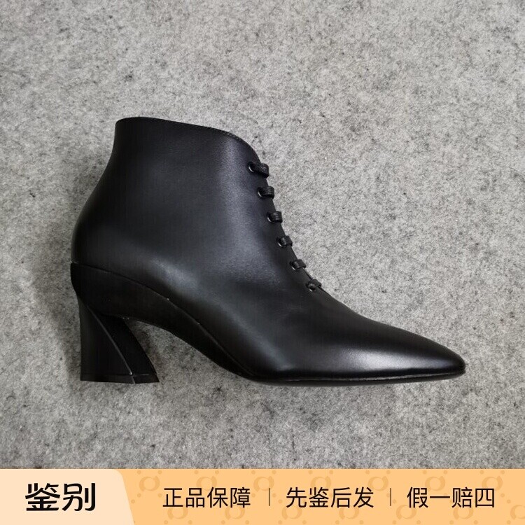 德国调货新品FERRAGAMO黑菲拉格慕复古系带短筒踝靴中跟尖头短靴