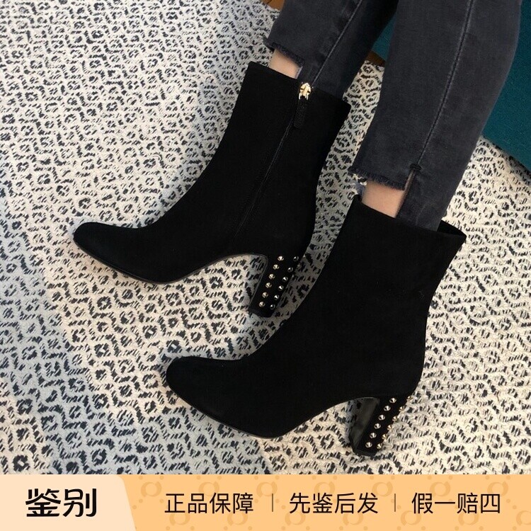 美国采购新品Gucci黑色磨砂皮金色铆钉装饰女高跟粗跟短靴踝靴