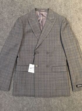 英国DKNY灰色细格子羊毛枪驳领男修身双排扣西服套装西装