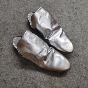 德国采购新品 穆勒鞋 MARSELL银灰软面皮尖头女士中帮低粗跟半拖鞋