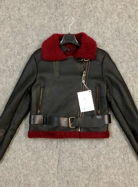 英国采购新品Muubaa黑色酒红shearling羊皮毛一体机车皮衣皮夹克