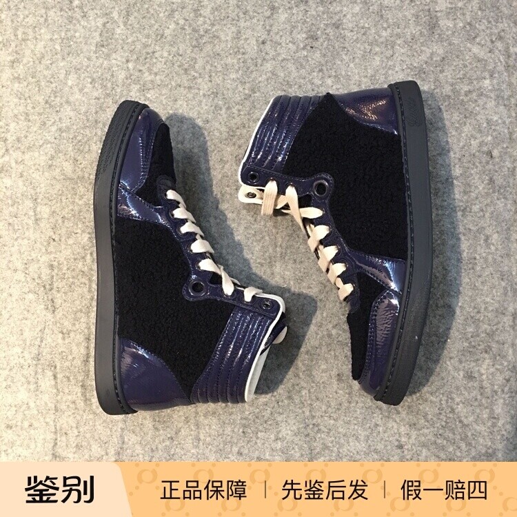 德国GUCCI深蓝漆皮毛绒拼接女平底高帮板鞋运动休闲鞋