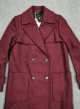 美国酒红色双排扣羊毛呢大衣新品