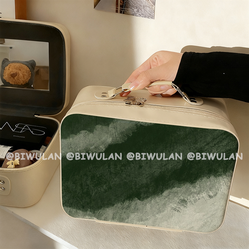 墨绿色油画化妆包便携带镜子化妆箱大容量化妆品收纳包旅行手提箱