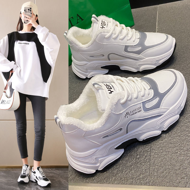韩系防寒加厚棉鞋女皮面防水百搭加棉老爹鞋女2023冬季新款运动鞋