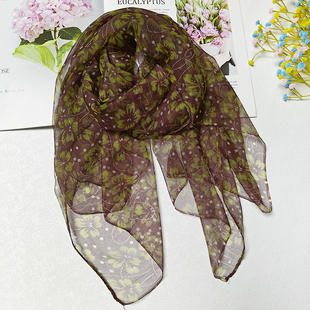 新款小围巾女薄款透气春秋真丝丝巾韩版围巾粉色印花时尚洋气纱巾