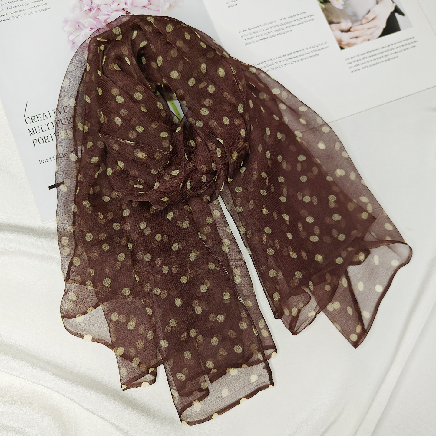 四季百搭真丝桑蚕丝女波点小丝巾