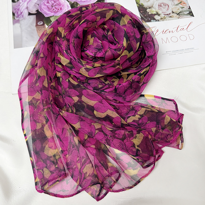 杜鹃花新款丝巾女春秋冬百搭薄款真丝桑蚕丝纱巾长款印花围巾披肩