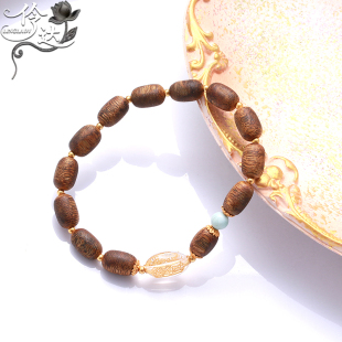 中国风天然沉香搭孔雀石镀金福袋手链串珠小众复古手饰