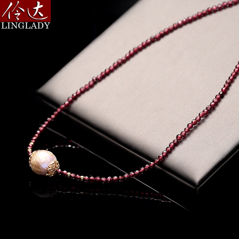 伶达饰品原创设计感异形珍珠项链锁骨链短款石榴石串珠颈链高级感