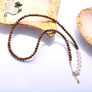沉香木珠项链女珍珠串珠吊坠复古民族风锁骨链配饰