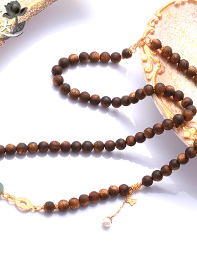 LINGLADY民族风复古檀木珠项链女金色吊坠复古饰品链